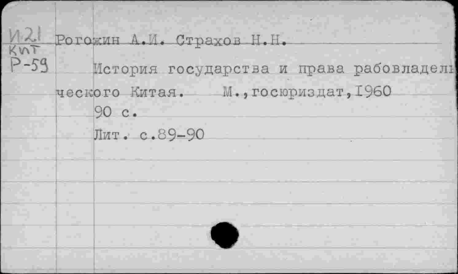 ﻿И.21	Рогл	гин А.И. Стпяупн И.Н.			
Кт\Т Р-53	Йстория государства и права рабовладелх иопкбго Китая.	М..гооктинпат.1960	
		90 С.
		Лит. с .89—90
		
		
		
		
		•
		